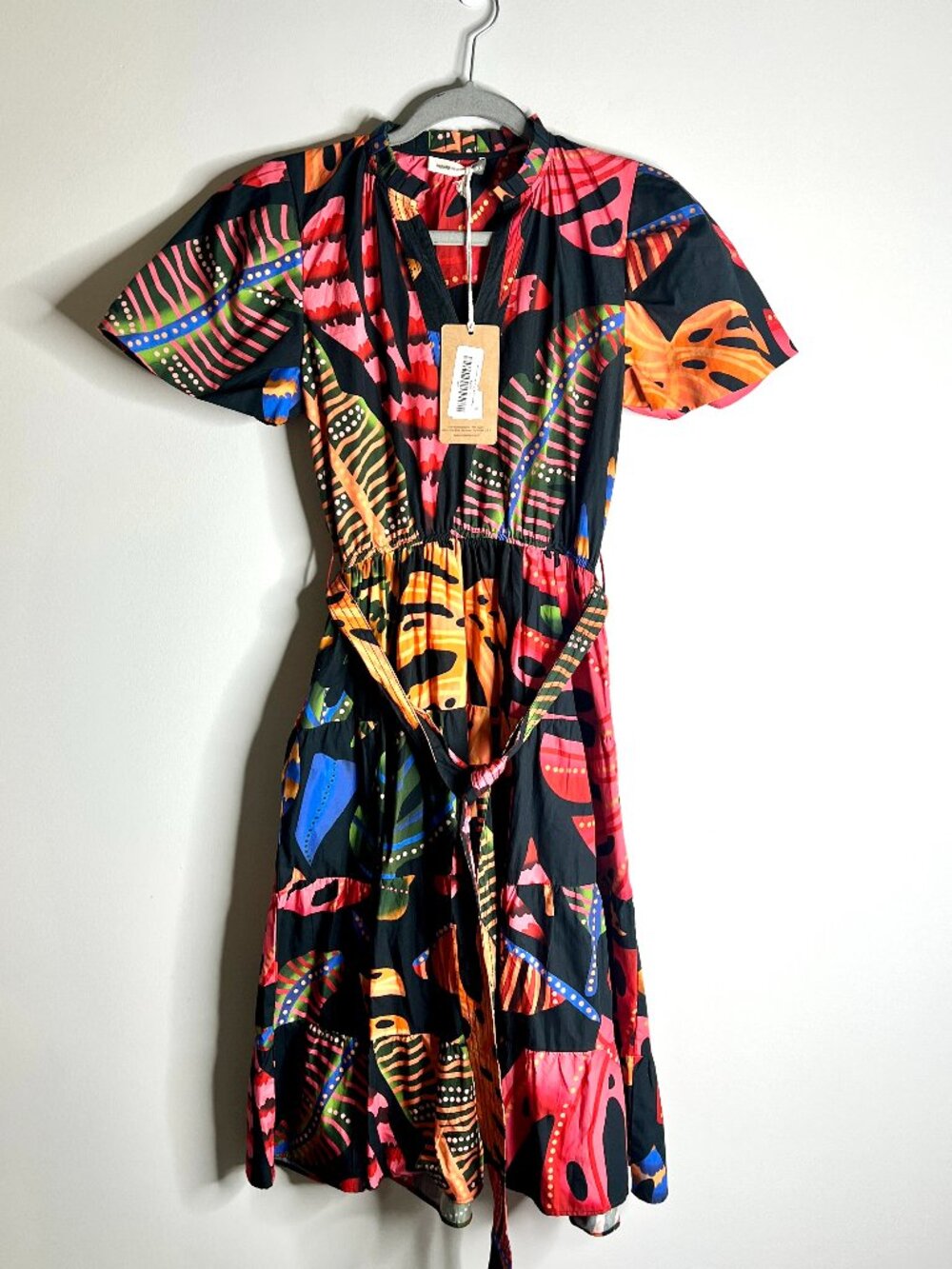 Maude Vivante Tropical Leaf Print Tiered Midi Dress Colorful Boho Sz XS NWT